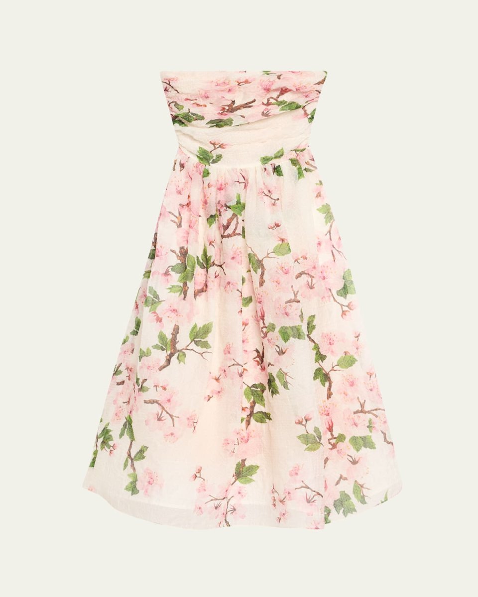 Strapless Cherry Blossom Draped Organza Dress